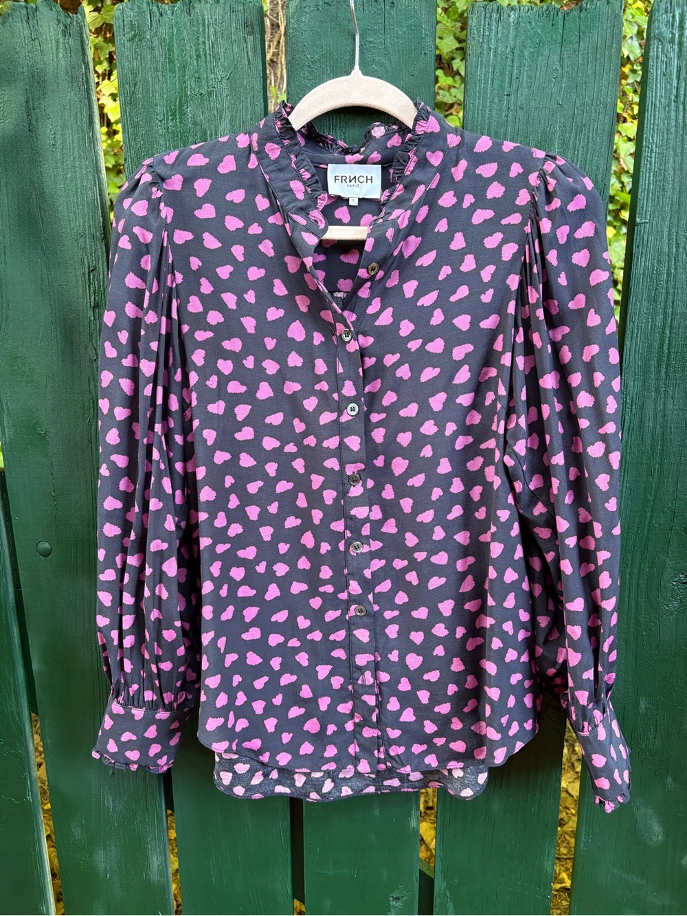 FRNCH Paris Heart Print Ruffle Neck Blouse Women’s Size Small 100% Viscose